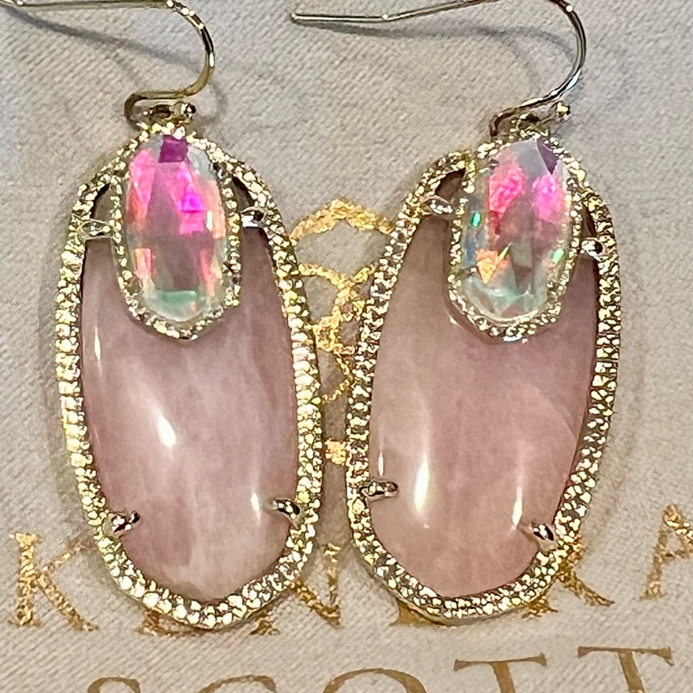 NWT Kendra Scott RARE & Retired Emmy Earrings Rose Quartz, Dichroic Yellow Gold